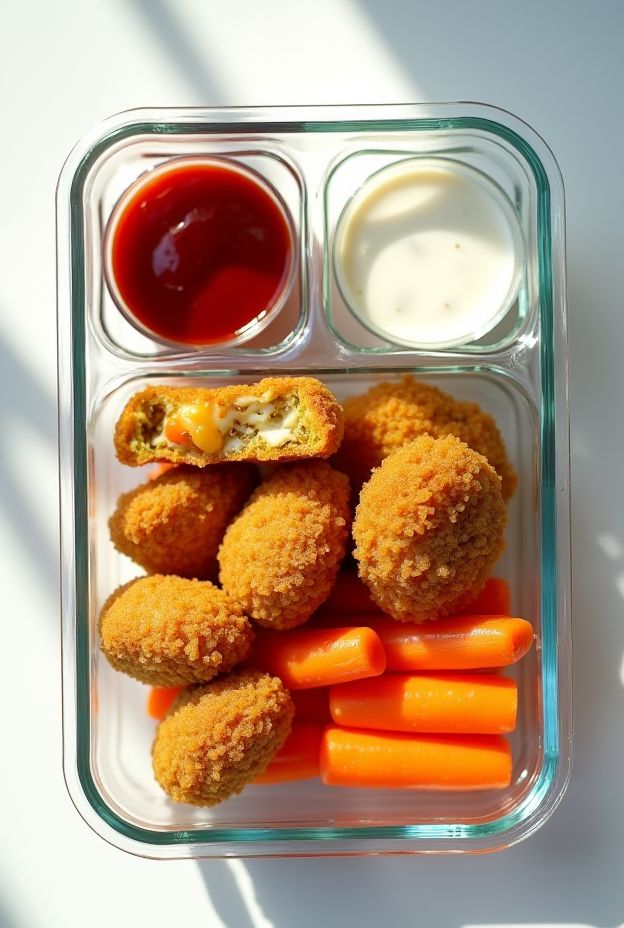 Cheesy Rice & Lentil Nuggets in a meal prep container with carrots and dipping sauces for a nutritious snack.
