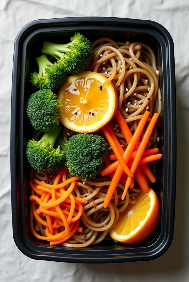 Citrus Sesame Soba Noodle Jars with noodles, broccoli, and carrots in a vibrant dressing, perfect for meal prep.
