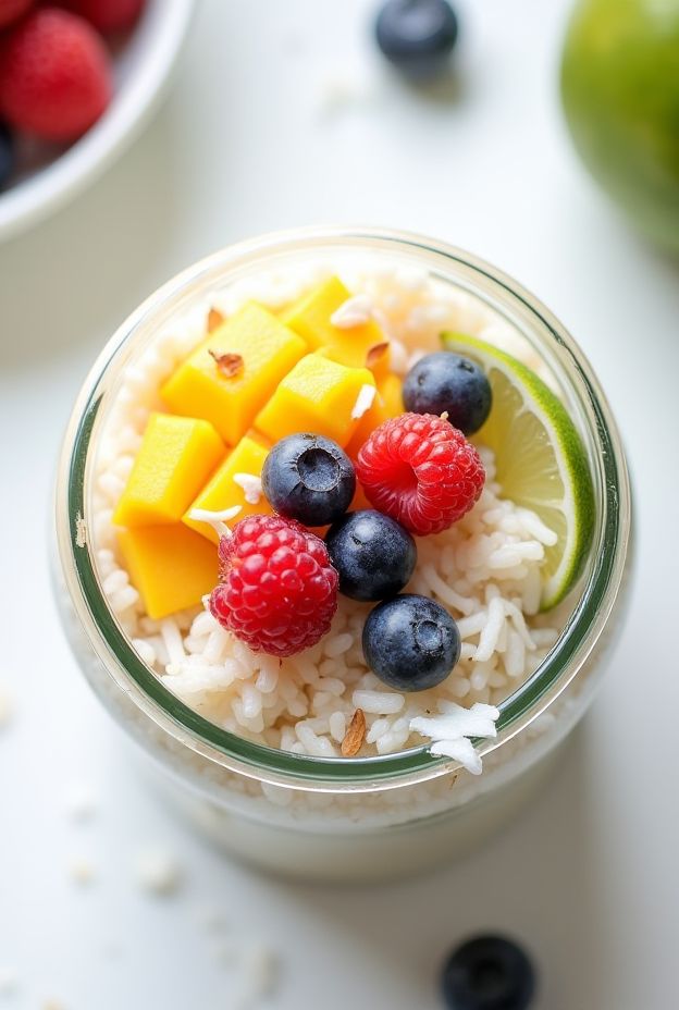 A creamy coconut rice porridge garnished with fresh diced mango, blueberries, raspberries, and lime wedges.