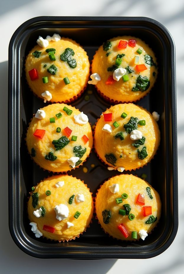 Savory egg and cottage cheese muffins topped with spinach and bell peppers, ideal for healthy meal prep.