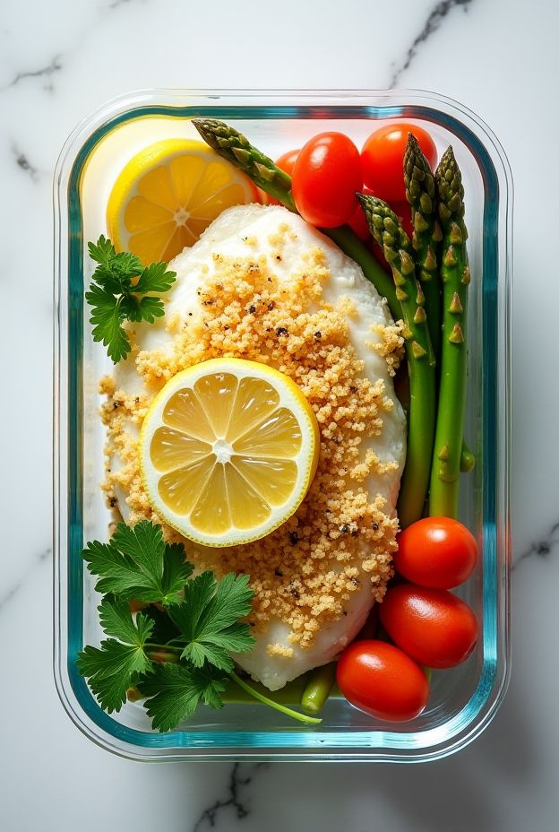 Garlic-lemon baked tilapia fillets in a meal prep container with vegetables and lemon slices.