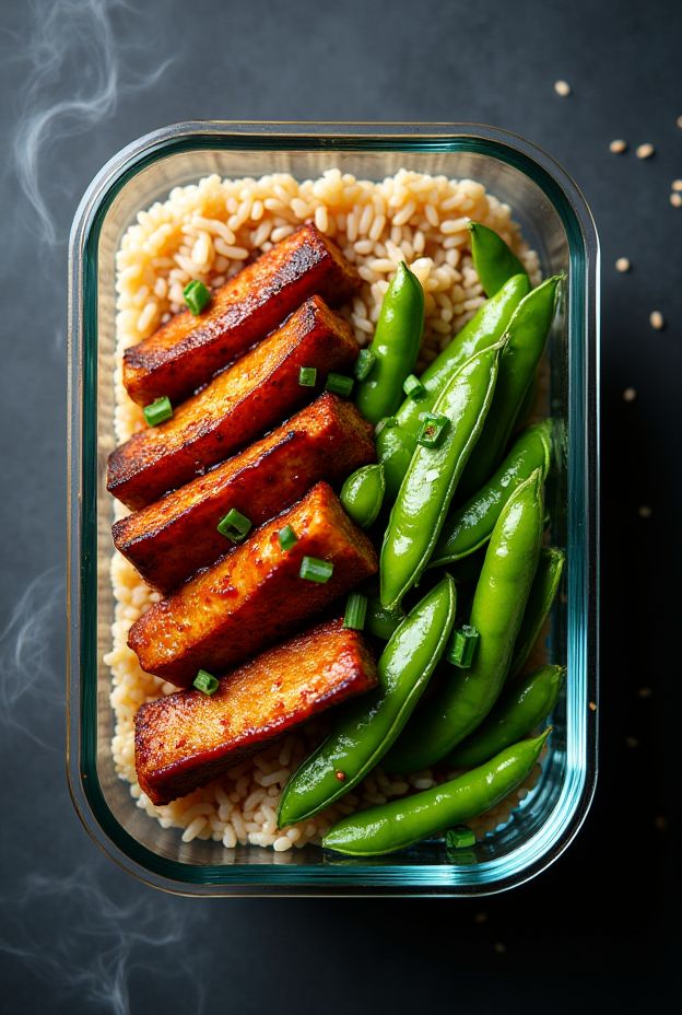 A healthy Glazed Tempeh and Edamame Bowl with brown rice, garnished with green onions.