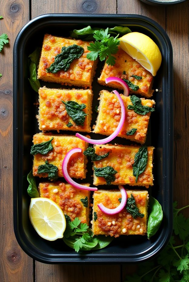 Baked Gluten-Free Chickpea Socca Slices with Spinach and Red Onions served with lemon wedges.