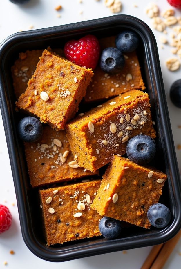 Gluten-Free Pumpkin Oat Breakfast Bars with fruits, showing a tasty and nutritious breakfast option.