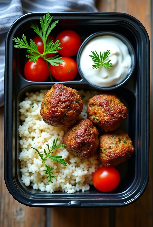 Greek Lamb Meatball Meal Prep with Herby Rice, Cherry Tomatoes, and Tzatziki Sauce