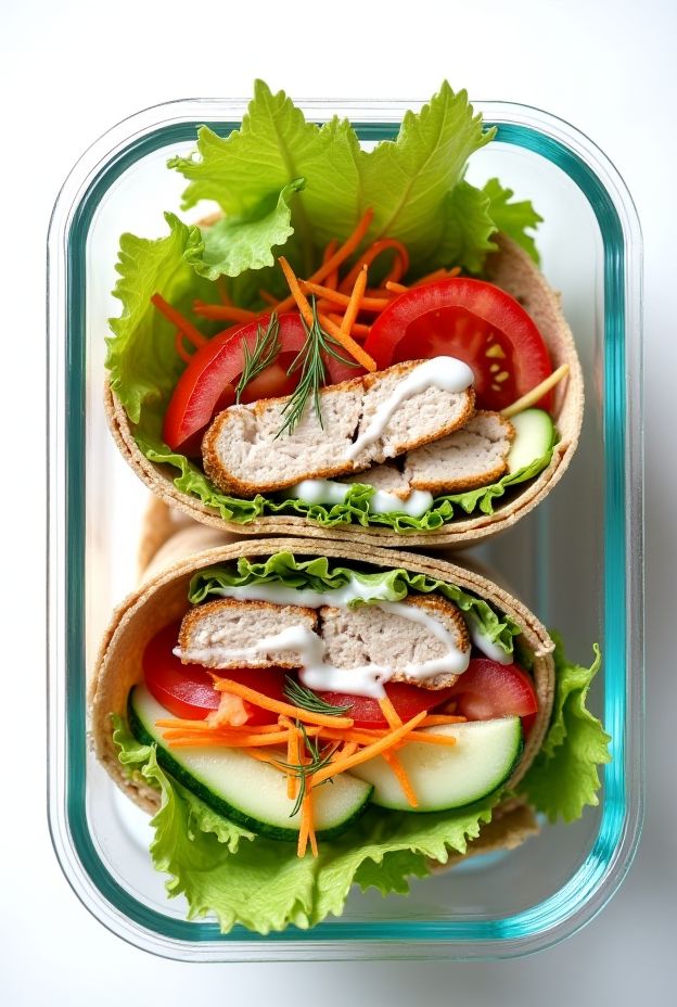 Healthy smoked turkey wraps with Greek yogurt ranch dressing, fresh greens, and assorted vegetables.
