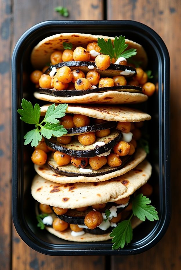 Grilled eggplant and chickpeas served in pita with tahini-yogurt drizzle and garnished with parsley.