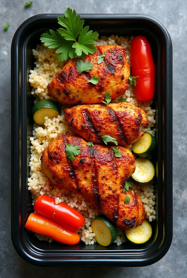 Grilled harissa chicken served over pearl couscous with colorful roasted vegetables in meal prep containers.