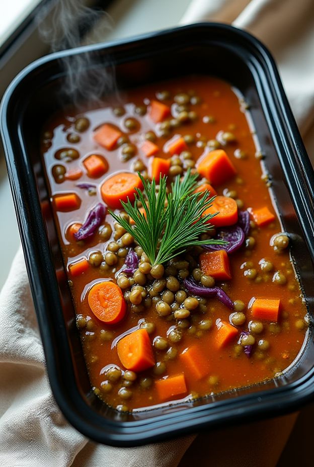 Hearty Lentil & Cabbage Soup with vibrant vegetables and lentils in a dark bowl, perfect for nourishing meals.