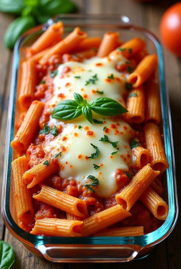 A delicious Hidden Veggie Pasta Bake with tomatoes, courgette, carrot, and melted cheese, perfect for family meals.