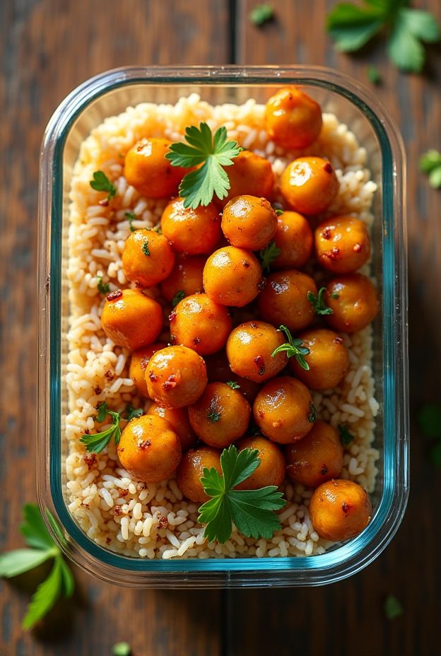Hot Honey Roasted Chickpeas on Garlic Brown Rice for healthy meal prep.