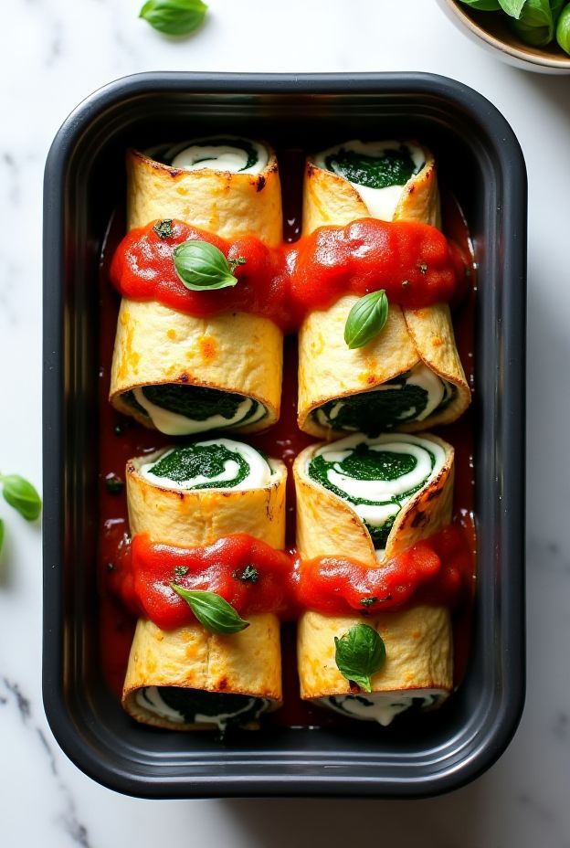 Keto Eggplant Roll-Ups with Ricotta and Spinach Filling topped with Marinara Sauce and Basil.