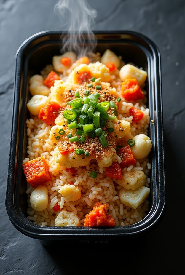 Healthy Kimchi Fried Cauliflower Rice with scallions and sesame served in a black meal prep container.