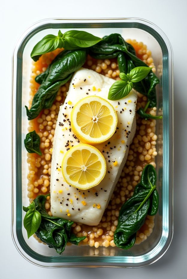Lemon Basil Cod served over barley with fresh greens for a healthy meal prep option.
