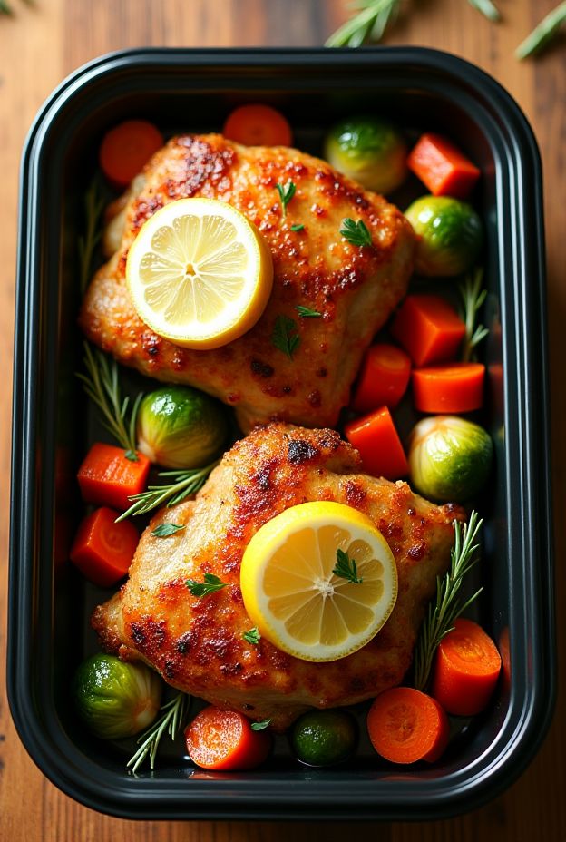 Zesty lemon garlic chicken thighs with colorful roasted carrots and Brussels sprouts.