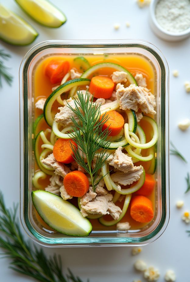 A healthy Low-Carb Chicken Zoodle Soup with zucchini noodles, chicken, carrots, and dill in a clear broth.