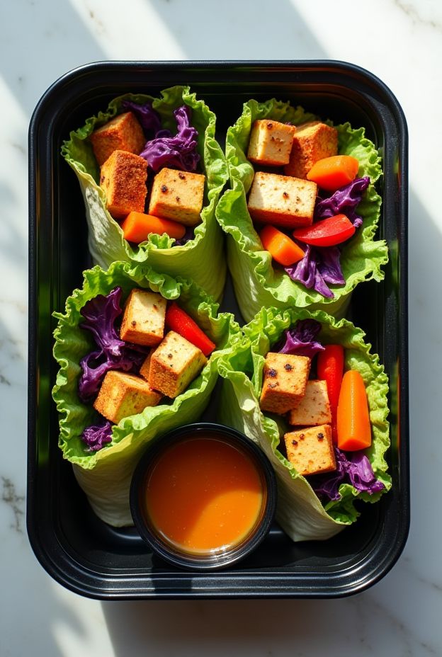 Colorful Miso Tofu Rainbow Wraps with fresh veggies and miso dressing for a nutritious meal.