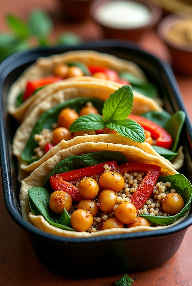 Healthy Moroccan chickpea couscous wraps with veggies in whole wheat tortillas, perfect meal prep idea.