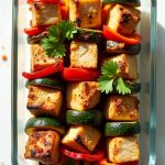 Paleo Spicy Chicken Veggie Skewers with peppers and zucchini, baked until tender and flavorful.