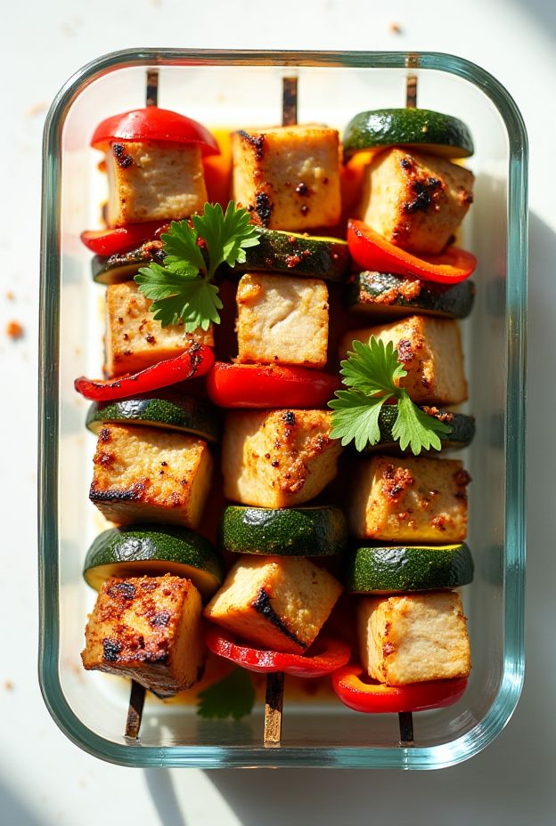 Paleo Spicy Chicken Veggie Skewers with peppers and zucchini, baked until tender and flavorful.
