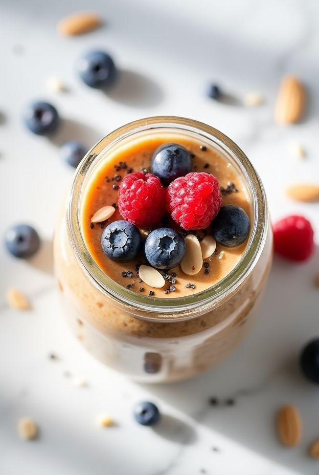 Wholesome Peanut Butter Protein Oat Jars with berries and seeds for a nutritious meal prep breakfast.
