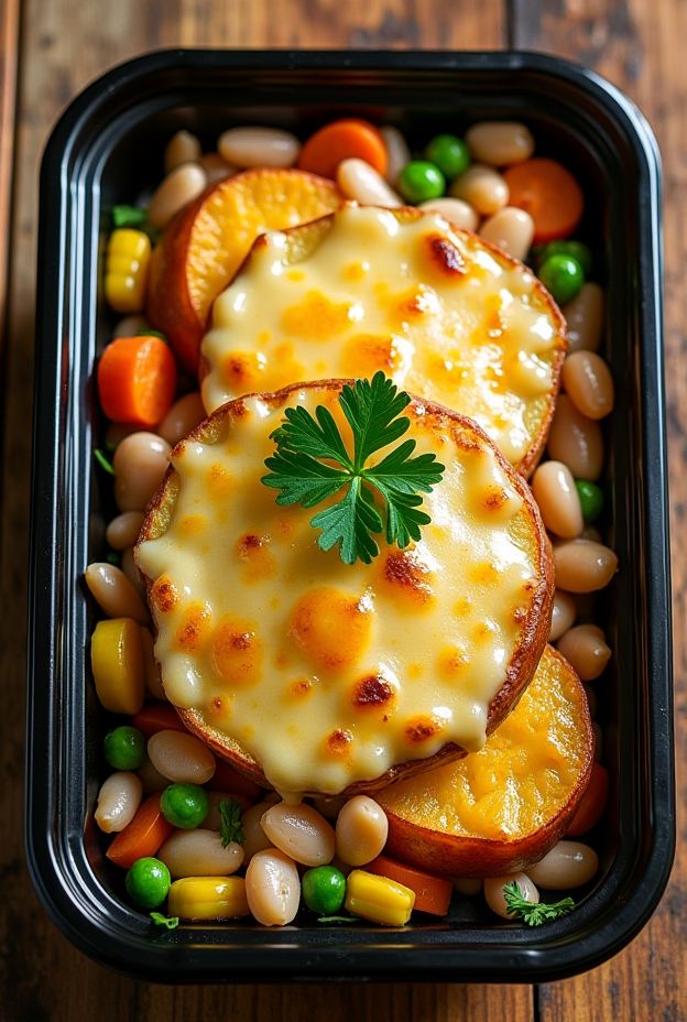 Nutritious layered potato, veggie, and bean bake with cheese, a healthy comfort food.