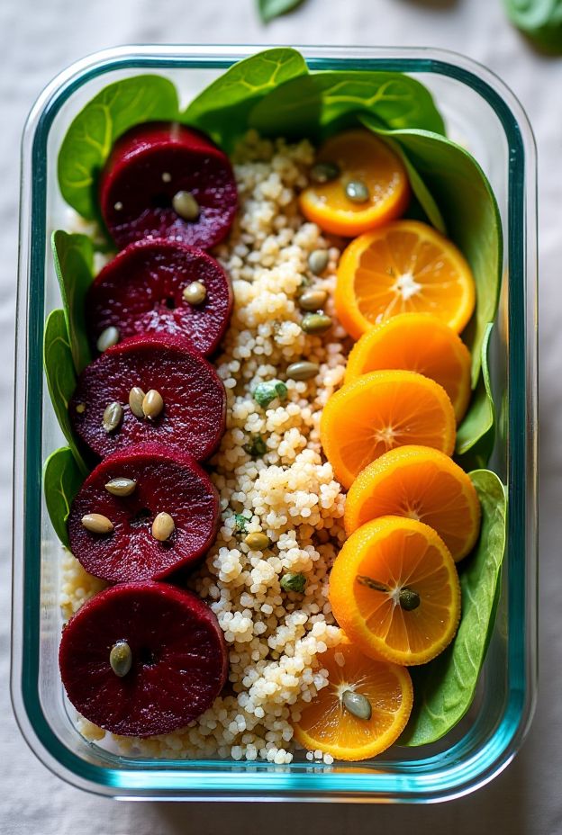 A vibrant bowl featuring roasted beets, oranges, quinoa, and spinach in a tangy vinaigrette for a healthy meal.