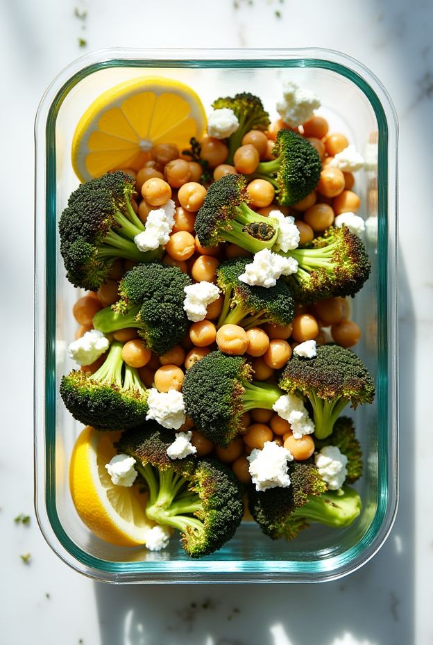 Zesty Roasted Broccoli, Chickpea & Feta Salad with fresh lemon and crumbled cheese, perfect for meal prep.