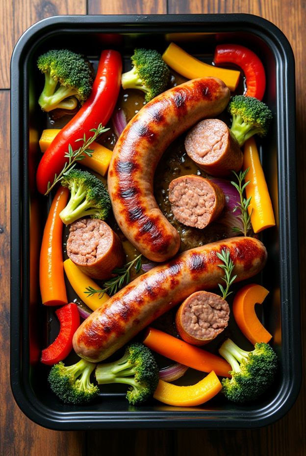 Flavorful Chicken Sausage and Mixed Rainbow Vegetables roasted on a sheet pan for a healthy dinner option.