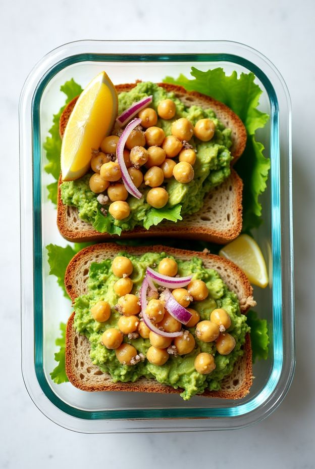 Healthy Smashed Chickpea Avocado Sandwiches on whole grain bread with fresh herbs and lemon slices.