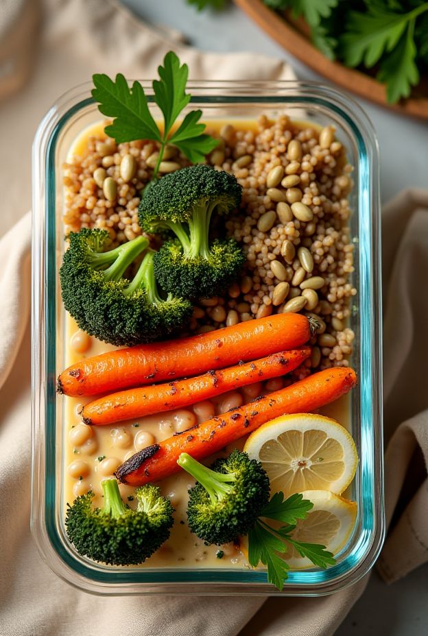 A colorful Smashed White Bean Veggie Bowl with broccoli, roasted carrots, brown rice, and pumpkin seeds.