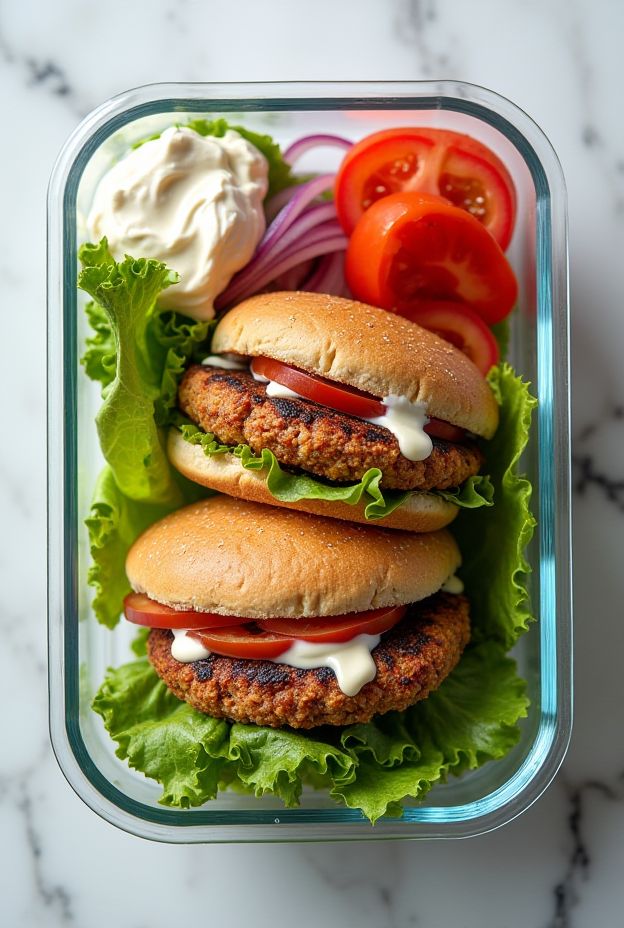 Juicy smoked paprika turkey burgers with Greek yogurt sauce, served with fresh lettuce and tomatoes.