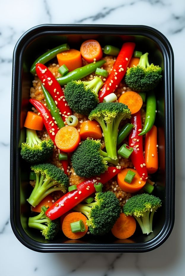 Soy-Free Teriyaki Veggie Stir-Fry with broccoli, bell peppers, and carrots in a coconut aminos sauce.