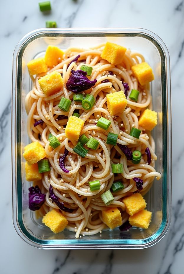 Stir-Fried Egg & Rice Noodles with Cabbage and Soy Sauce, a healthy meal prep recipe.