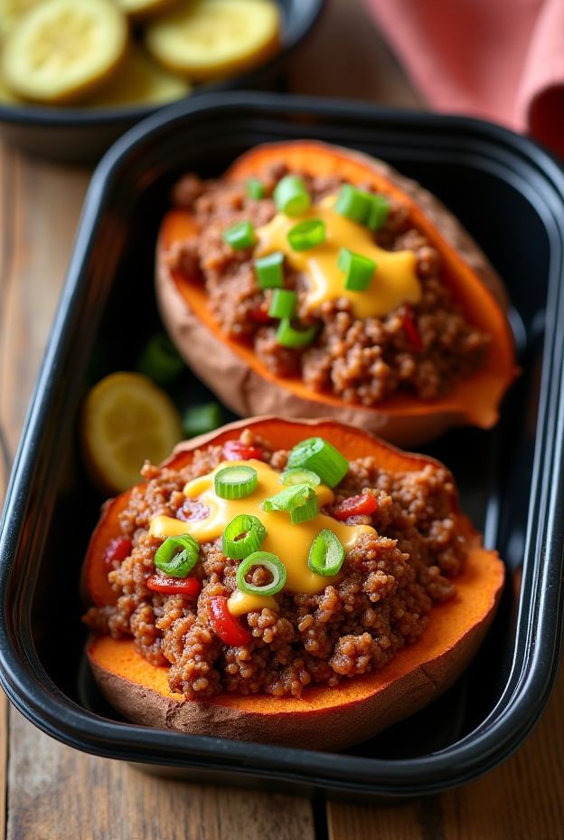 Healthy Turkey Sloppy Joes served over roasted sweet potato halves for a nutritious meal prep dish.