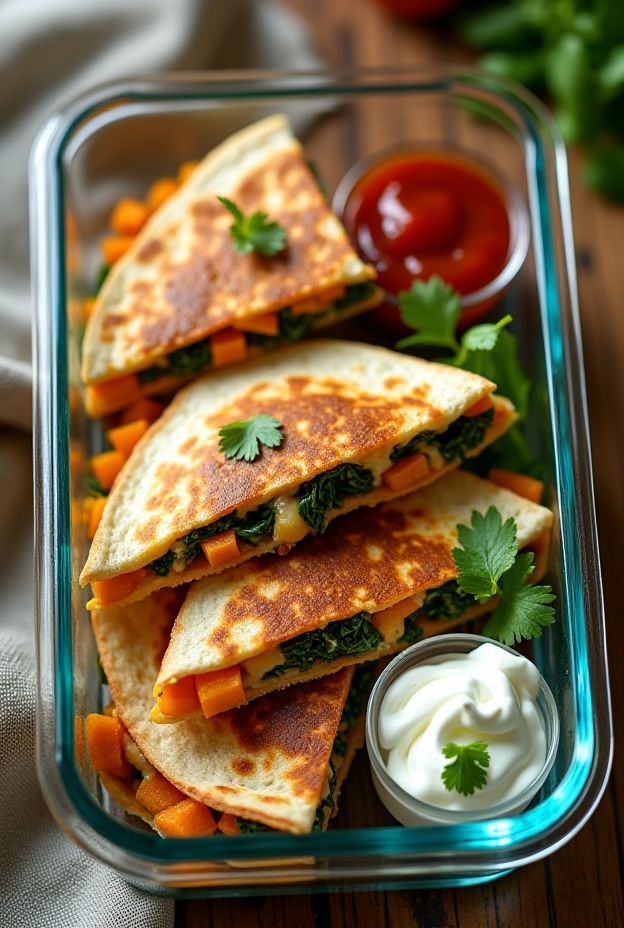 Healthy Sweet Potato Spinach Quesadillas made with cheese in crispy tortillas, served with salsa and sour cream.