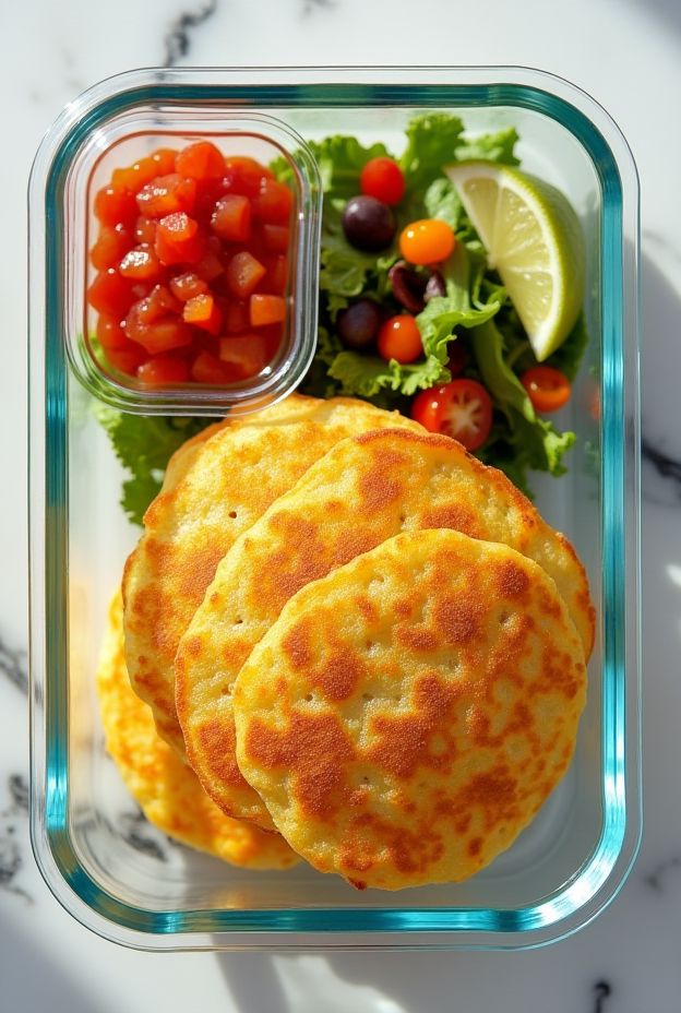 Savory sweetcorn pancakes with fresh salsa and greens in a meal prep box.
