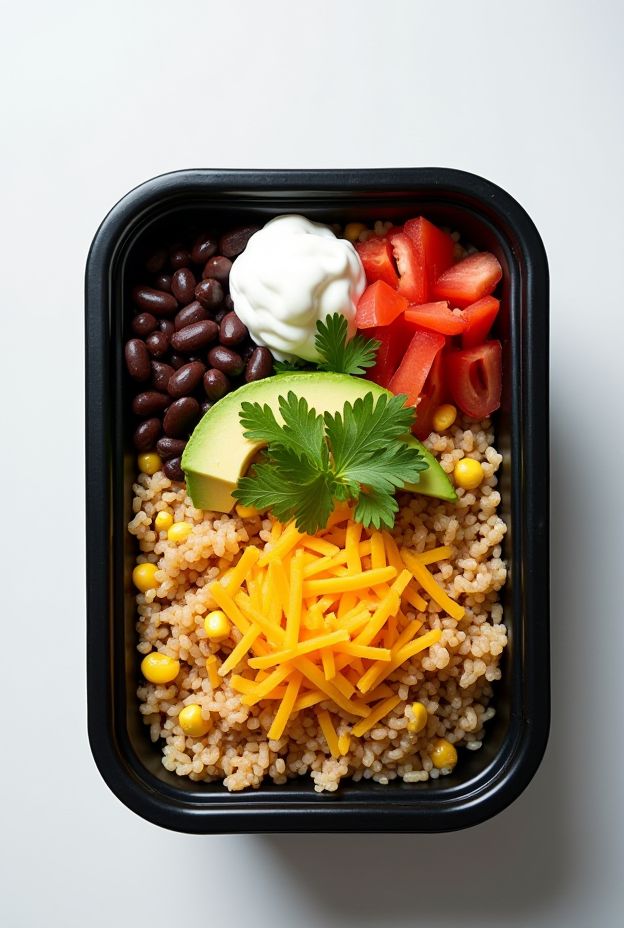 Healthy Taco Rice Bowls with Brown Rice, Beans, Sweetcorn, Avocado, and Tomatoes for Meal Prep.