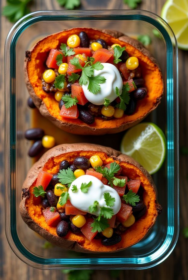 Baked sweet potatoes filled with black beans, corn, salsa, topped with cilantro and sour cream.