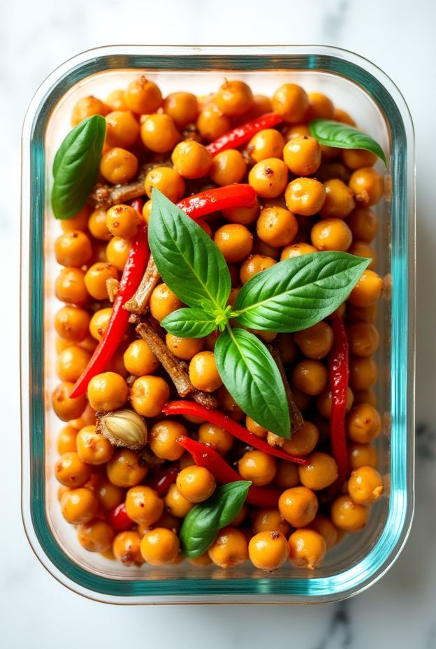 Spicy Thai Basil Chickpea Stir-Fry with vibrant chickpeas, basil, and peppers in a sweet spicy sauce.