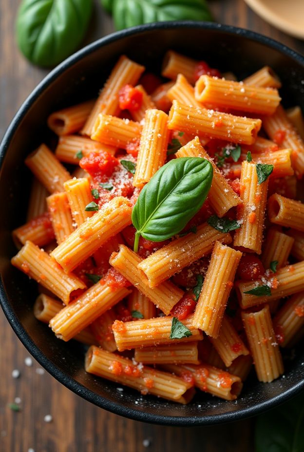 Herbed Tomato & White Bean Rotini Pasta served in a black bowl topped with fresh basil.