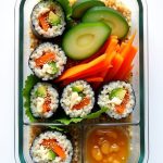 Vegan Quinoa Sushi Boxes filled with fresh veggies and vegan mayo, perfect for meal prep.