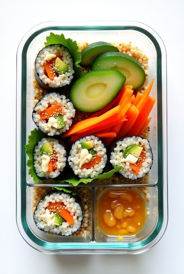 Vegan Quinoa Sushi Boxes filled with fresh veggies and vegan mayo, perfect for meal prep.