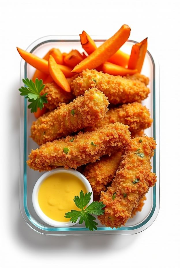 Crispy veggie-packed chicken tenders served with sweet potato fries and dipping sauce for a nutritious meal option.