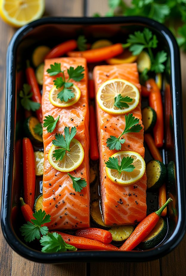 Healthy Whole30 Lemon Herb Salmon Bake with fresh herbs and vibrant vegetables, baked together for a nutritious meal.