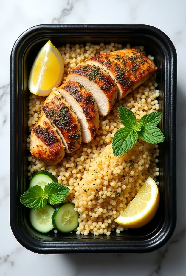 A nutritious bowl featuring za'atar seasoned chicken breast on fluffy couscous, garnished with lemon and mint.