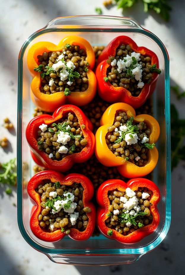 Zesty Lentil-Stuffed Bell Peppers with feta and herbs in a baking dish, perfect for meal prep.
