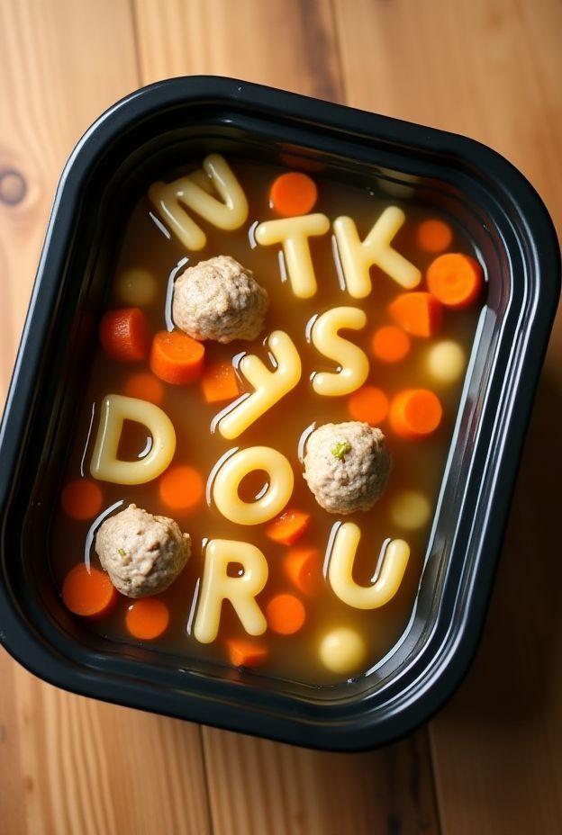 Colorful Kid-Friendly Alphabet Soup with Mini Meatballs and Vegetables in a black container.
