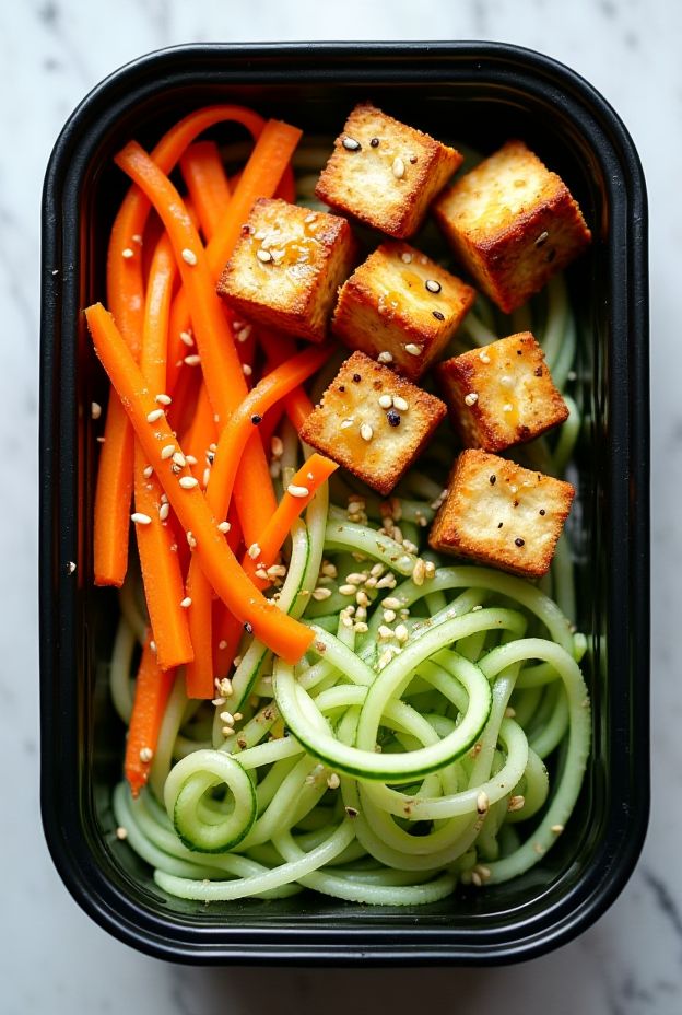 Healthy Asian Cucumber Noodle Bowls with spiralized cucumbers, vibrant carrots, baked tofu, and sesame dressing.