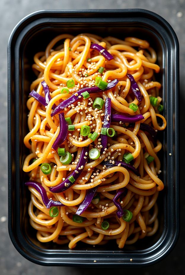 Cabbage & Noodle Stir-Fry with ramen, shredded cabbage, and green onions in a black container.